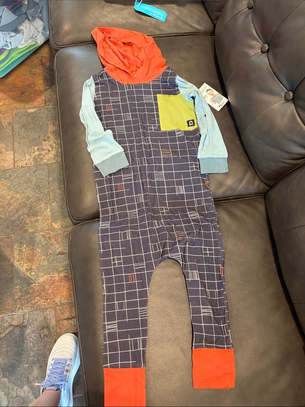 Rags to Raches Grid-Print Hooded Romper in Navy, Light Blue, Orange & Lime